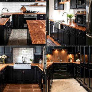 22 Warm Kitchens Black Cabinets and Wood Countertop Ideas
