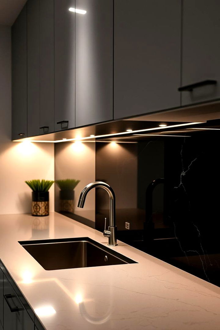 Accent Lighting to Enhance Drama - 22 Kitchen With Black Backsplash