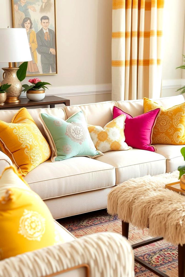 Accent Pillows and Throws Pops of Color and Texture - 22 Cream and Gold Living Room Ideas