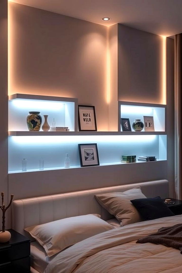 Accent Shelves with LED Backlighting - 22 Bedroom Shelving Ideas
