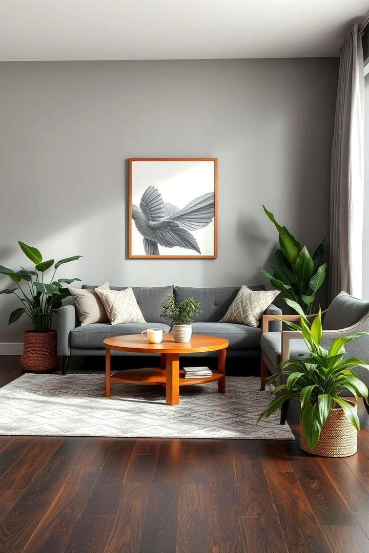 Adding Natural Greenery Accents - 22 Grey Living Room With Dark Wood Floors