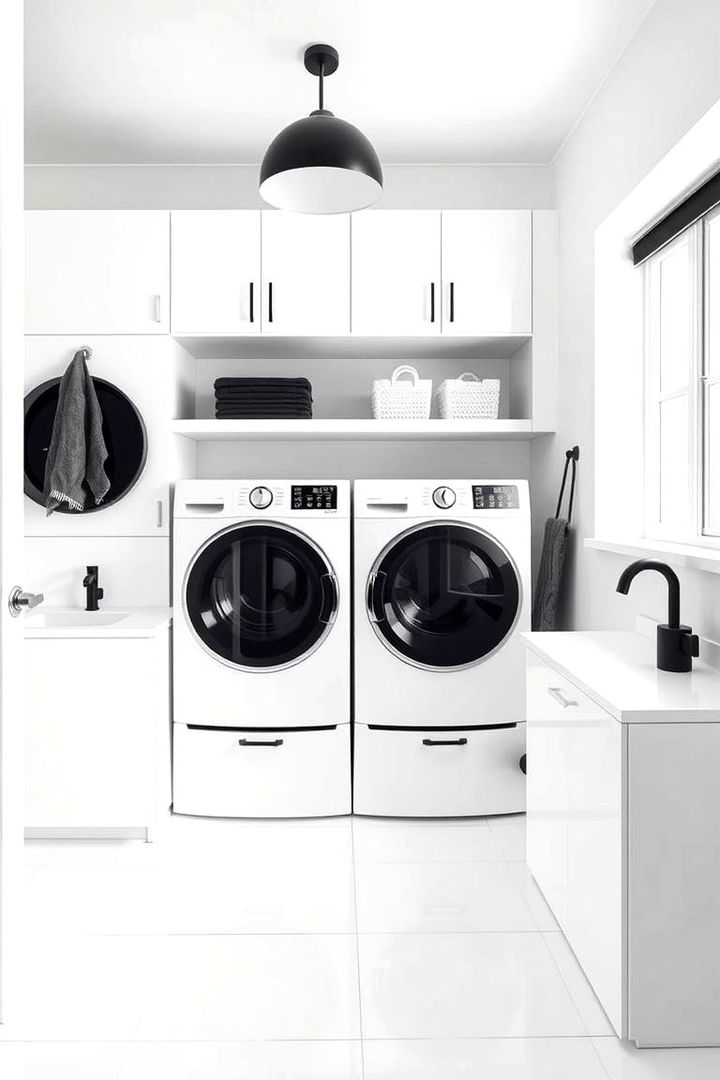 All White Base with Black Accents - 22 Black and White Laundry Room Ideas