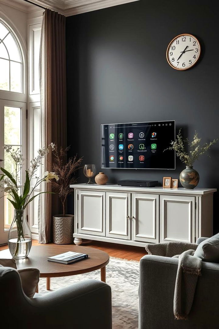 Also Blend Modern Technology with Classic Elements - 22 Contrasting Living Rooms With Dark Grey Walls