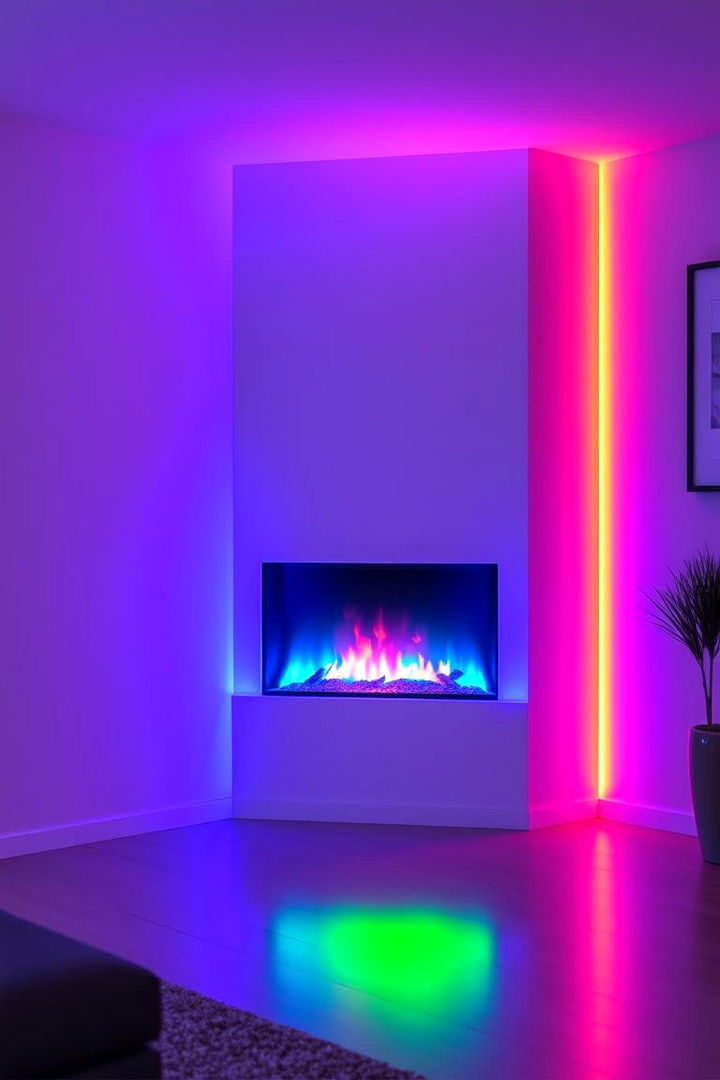 Ambient LED Lit Corner Fireplace - 22 Corner Fireplace Ideas