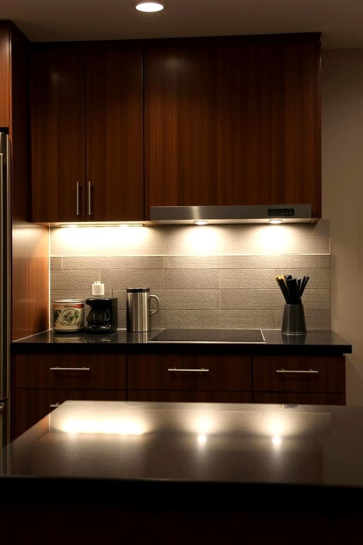 Ambient Lighting Accents - 22 kitchen with brown cabinets and black countertops ideas
