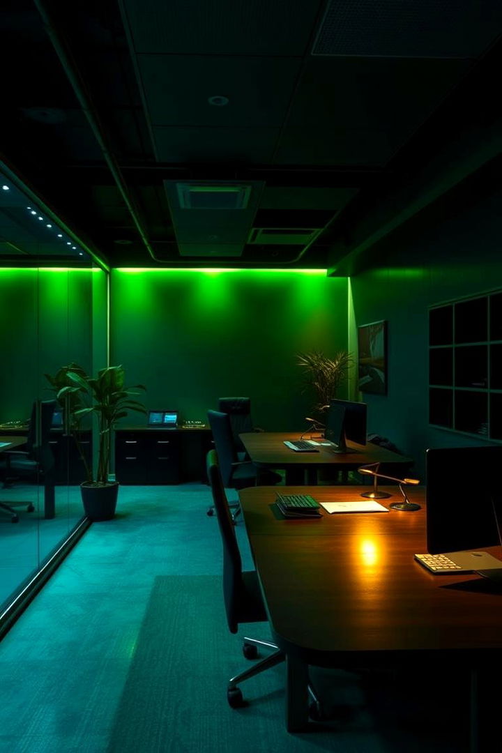 Ambient Lighting in Dark Green Spaces - 22 Dark Green Home Office Ideas