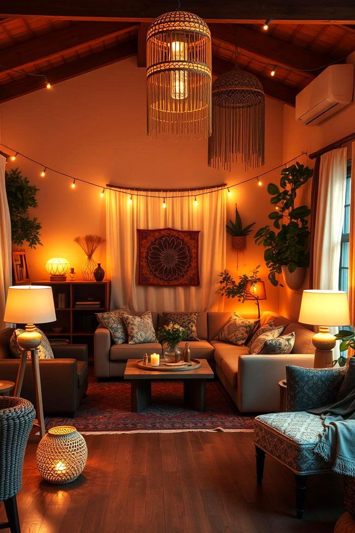 Ambient and Warm Lighting - 22 Colorful Boho Living Room Ideas