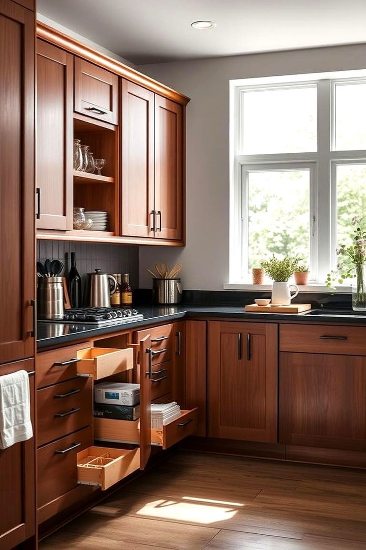 Ample Storage Solutions - 22 kitchen with brown cabinets and black countertops ideas