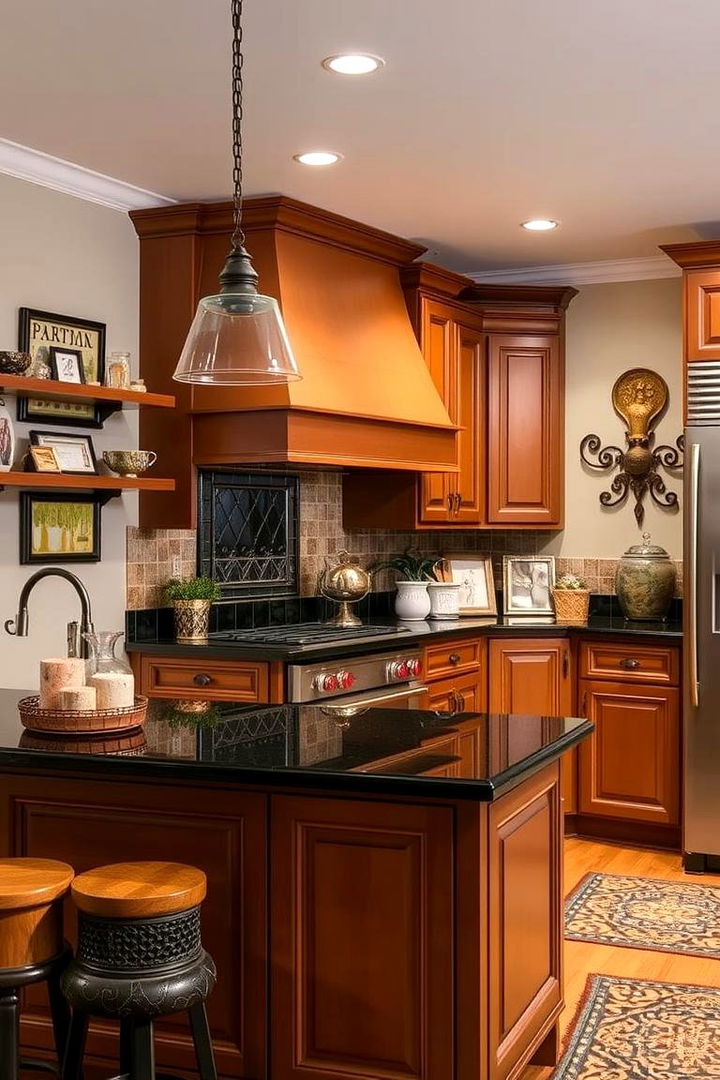 An Eclectic Mix for Personalized Spaces - 22 Brown Kitchen Cabinets With Black Countertops