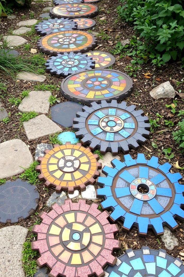 Antique Gear Mosaic Stepping Stones - 22 Old Bicycle Garden Ideas