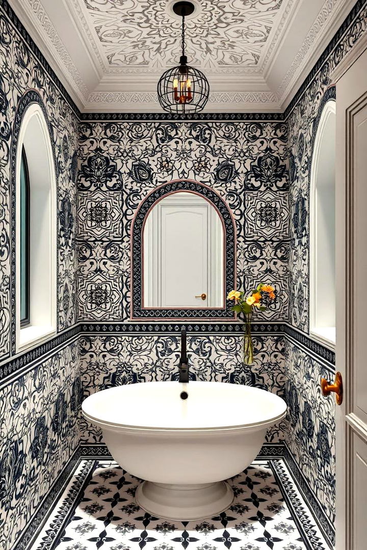 Arabesque Intricate Details - 22 Black and White Bathroom Tile Ideas