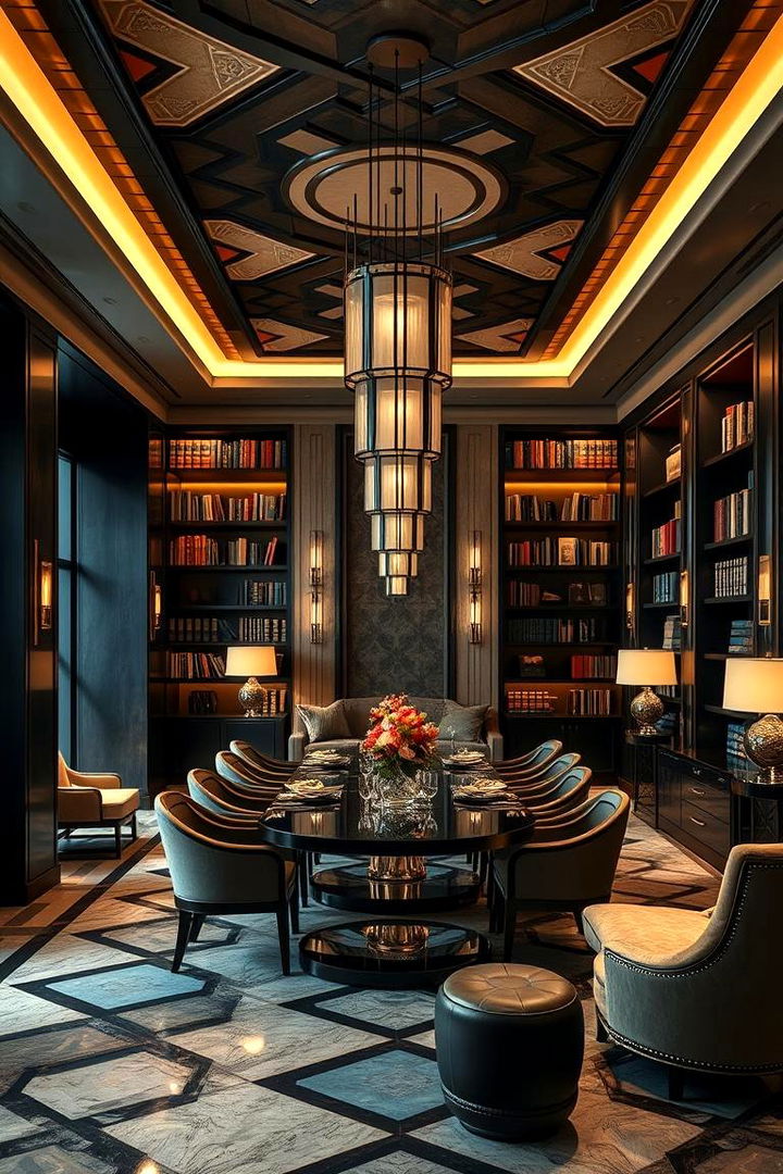 Art Deco Library Dining Elegance - 22 Library Dining Room Combo Ideas