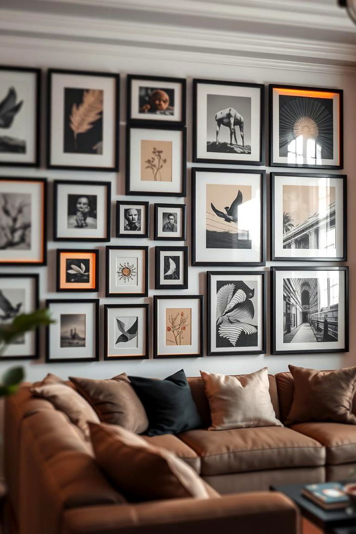 Art Gallery Wall - 22 Black and Orange Living Room Ideas