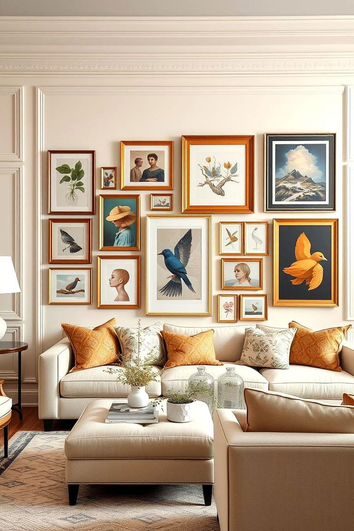 Artful Gallery Walls Showcasing Personal Collections - 22 Cream and Gold Living Room Ideas