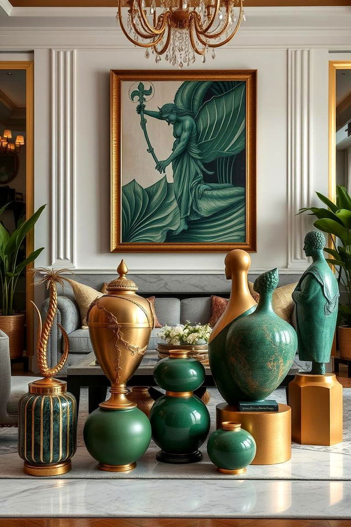 Artful Sculpture Displays - 22 Green and Gold Living Room Ideas