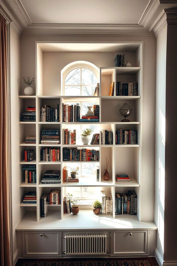 Artistic Asymmetrical Bookcase for Window Spaces - 22 Bookcases Around Window Design Ideas