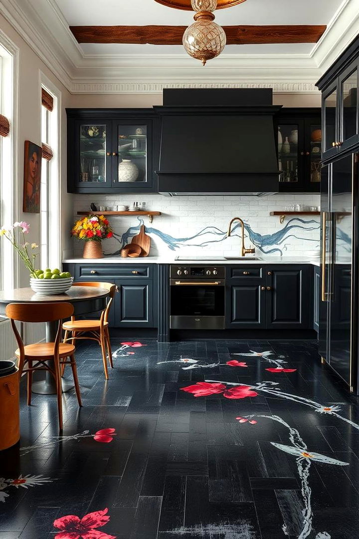 Artistic Black Hand Painted Floors - 22 Black Floor Kitchen Ideas