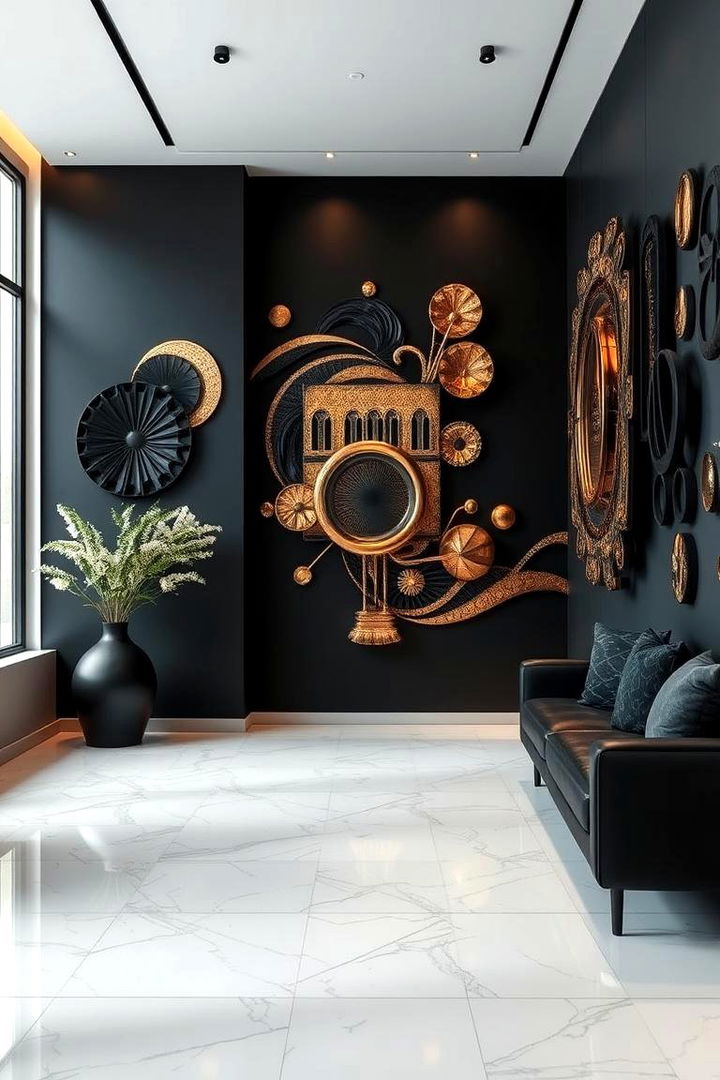 Artistic Black Wall Decors - 22 Black and Gold Living Room Ideas