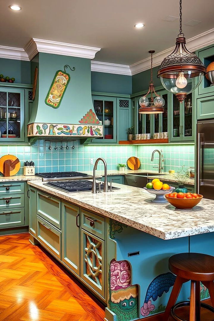 Artistic Detailing with Sage Green Accents - 22 Sage Green Kitchen Island Ideas