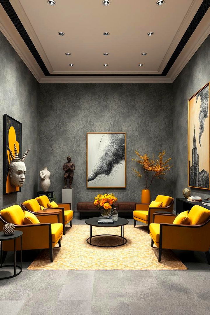 Artistic Details Sculptures and Yellow Accents in Grey Rooms - 22 Grey and Yellow Living Room Ideas
