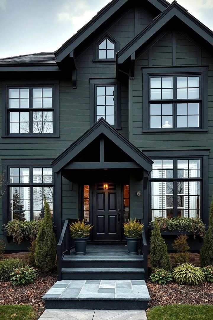 Artistic Exterior Features - 22 Dark Olive Green House With Black Trim