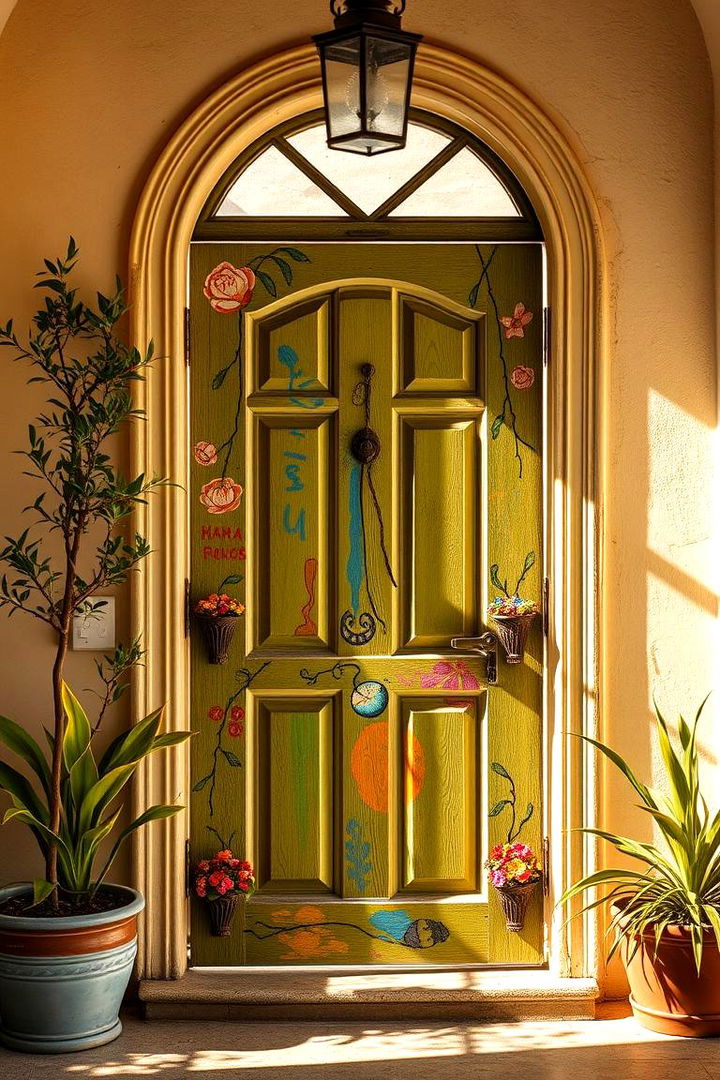 Artistic Flair with Hand Painted Details - 22 Olive Green Front Door Ideas