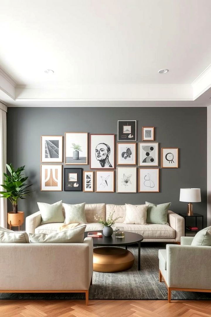 Artistic Gallery Wall - 22 Grey and Sage Green Living Room Ideas