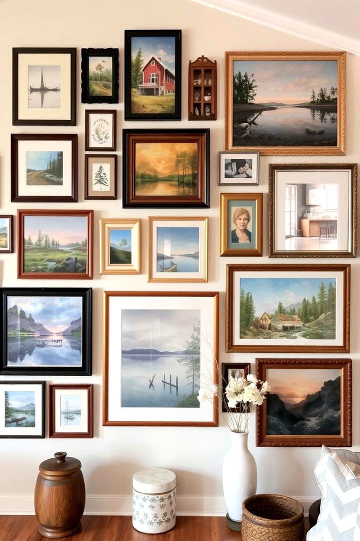 Artistic Gallery Wall - 22 Lake House Decorating Ideas