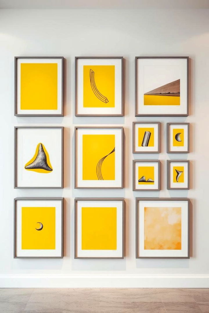 Artistic Gallery Wall with Grey Frames and Yellow Art - 22 Grey and Yellow Living Room Ideas