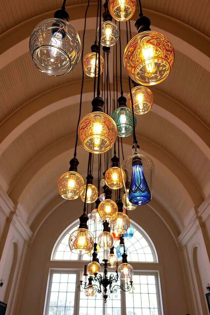 Artistic Glass Designs for Unique Charm - 22 Vaulted Ceiling Lighting Ideas