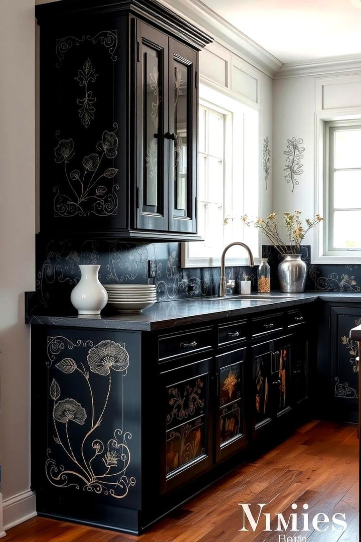 Artistic Hand Painted Designs - 22 Black Kitchen Cabinet Ideas