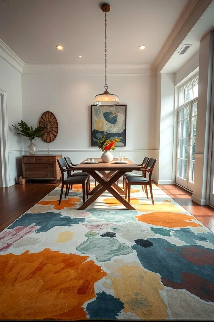 Artistic Hand Painted Rug for Creative Flair - 22 Dining Room Rug Ideas