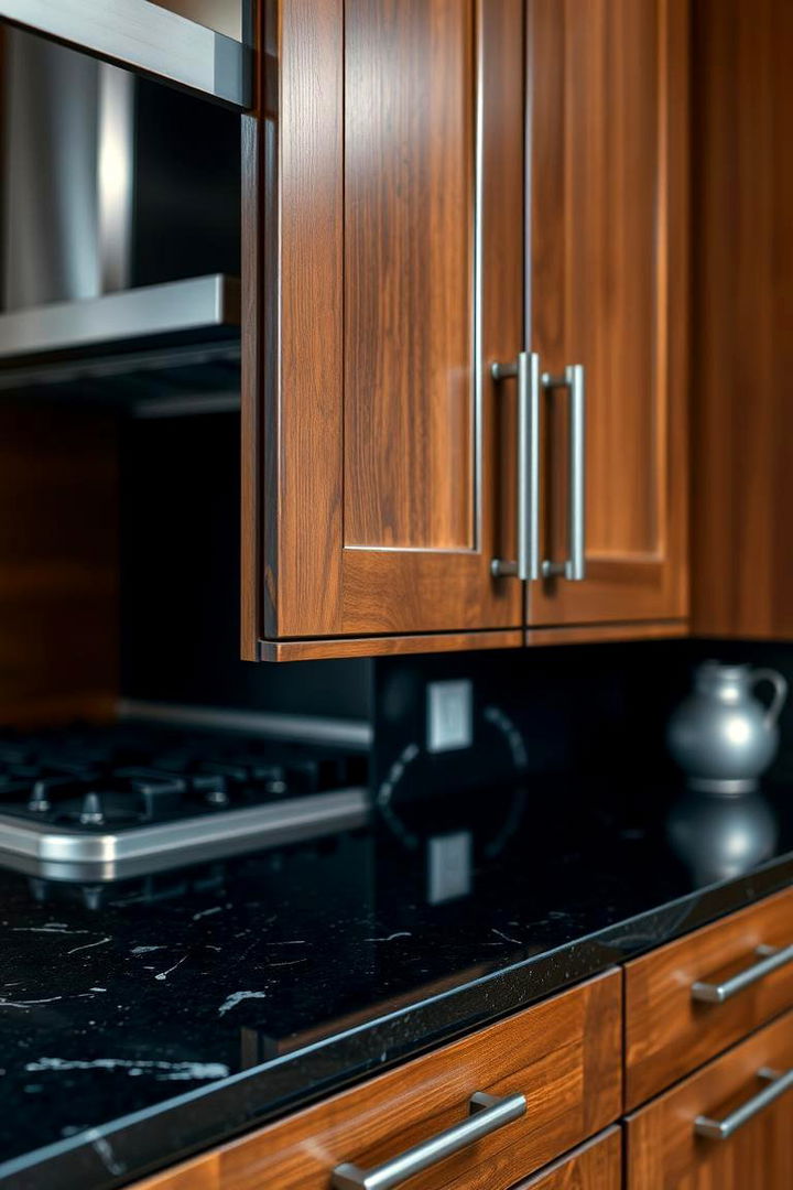 Artistic Hardware Choices - 22 kitchen with brown cabinets and black countertops ideas