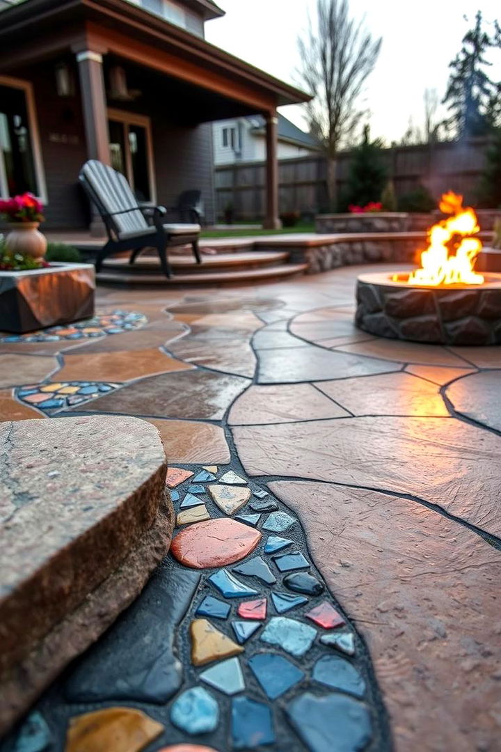 Artistic Mosaic Detailing and Warmth - 22 stamped concrete patio with fire pit ideas