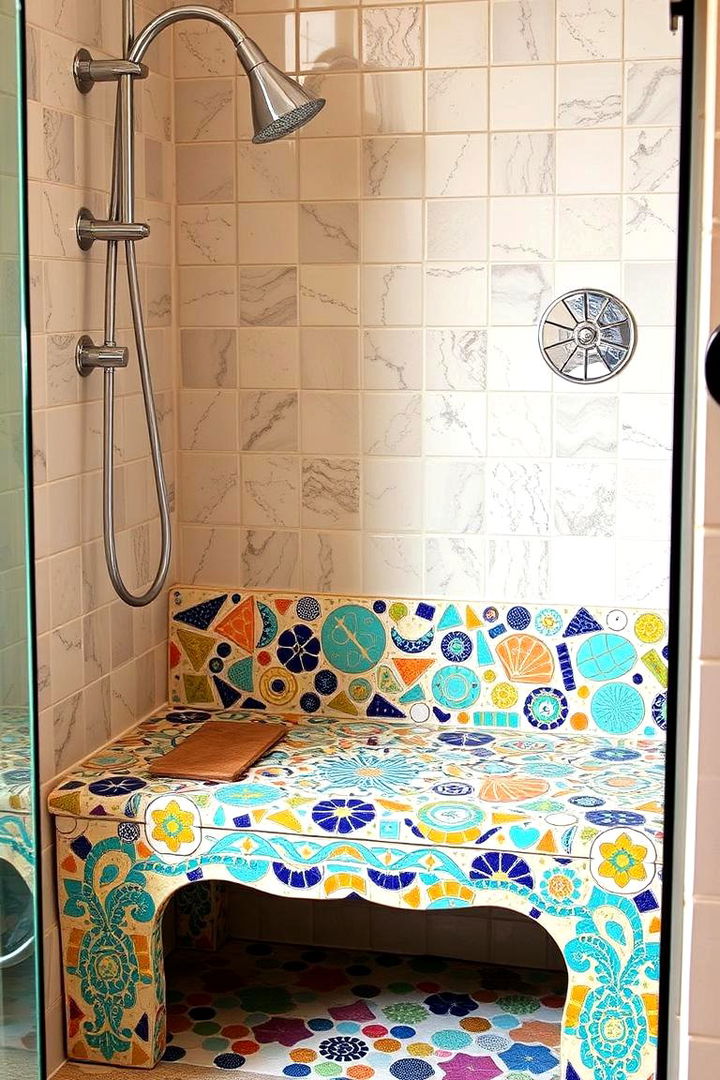 Artistic Mosaic Patterned Shower Bench - 22 Shower Bench Ideas