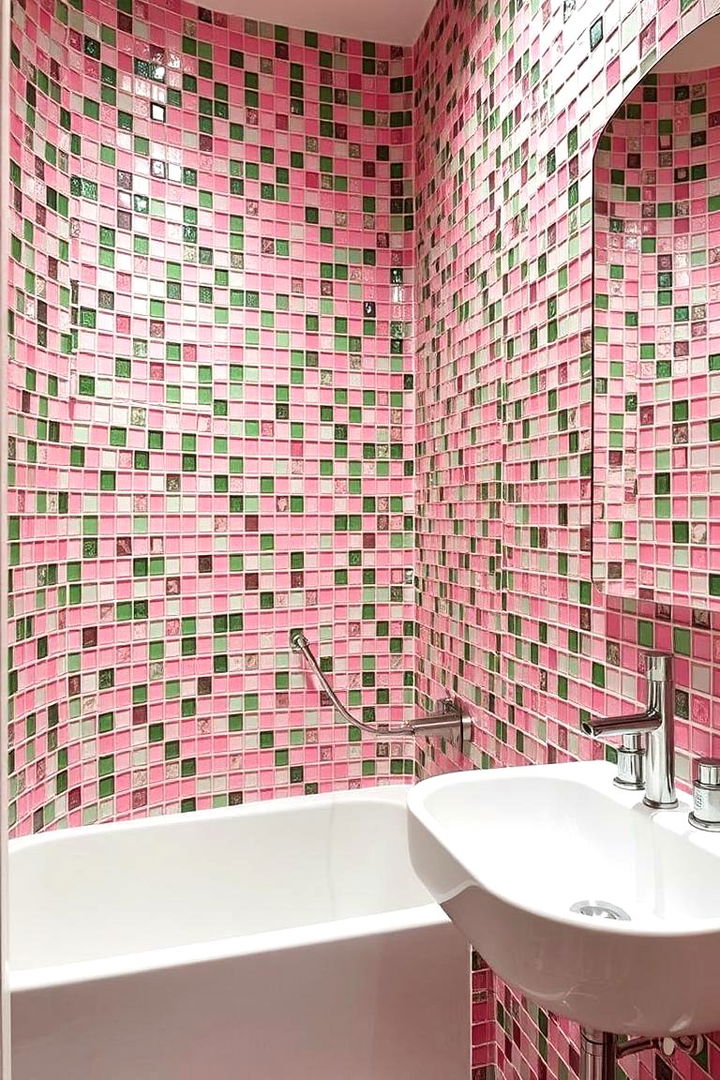 Artistic Mosaic Walls in Pink and Green - 22 Pink and Green Bathroom Design Ideas