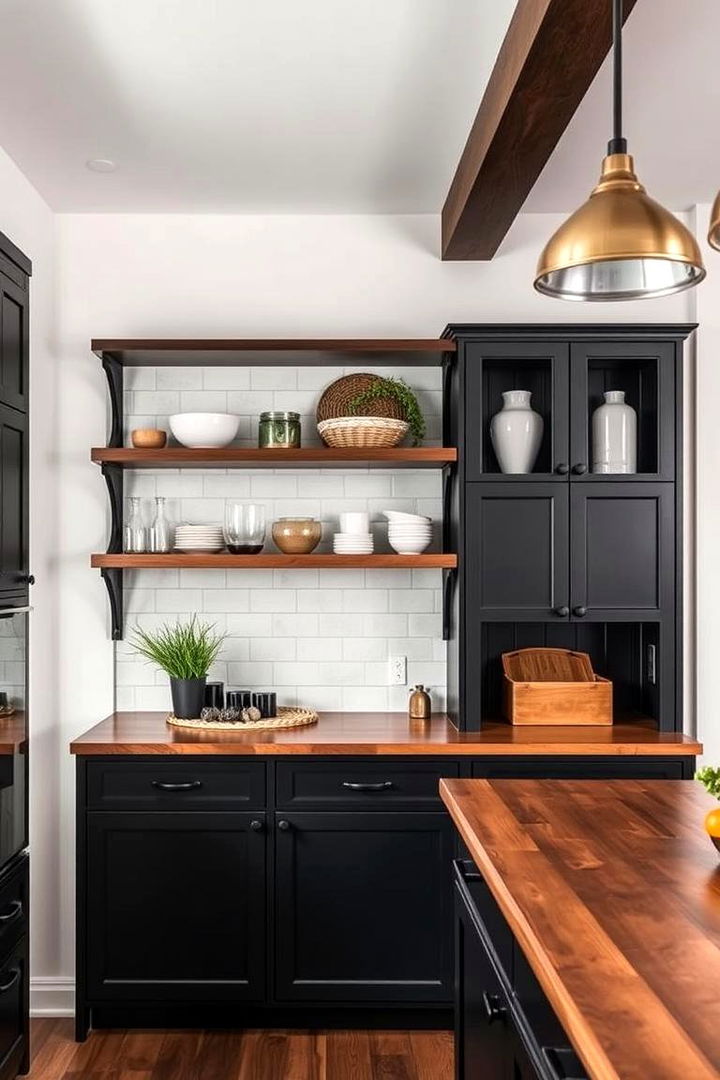 Artistic Open Shelving - 22 Black and Brown Kitchen Ideas