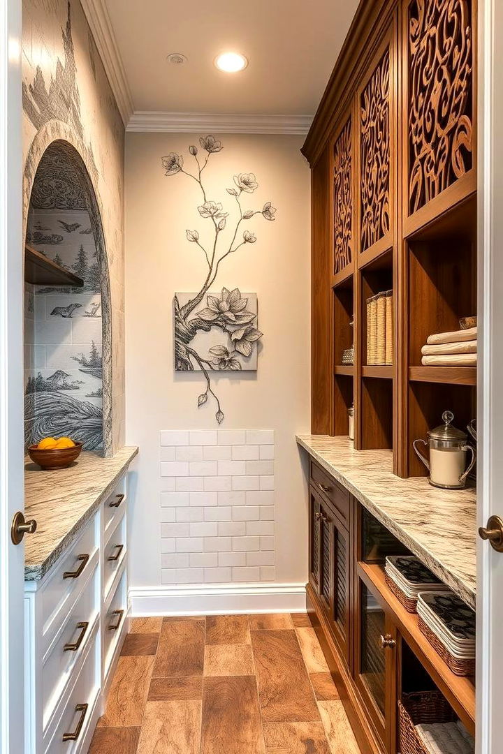 Artistic Pantry Wall Features - 22 Walk in Pantry Ideas