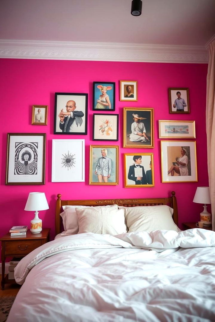 Artistic Pink Gallery Wall - 22 Hot Pink Bedroom Ideas