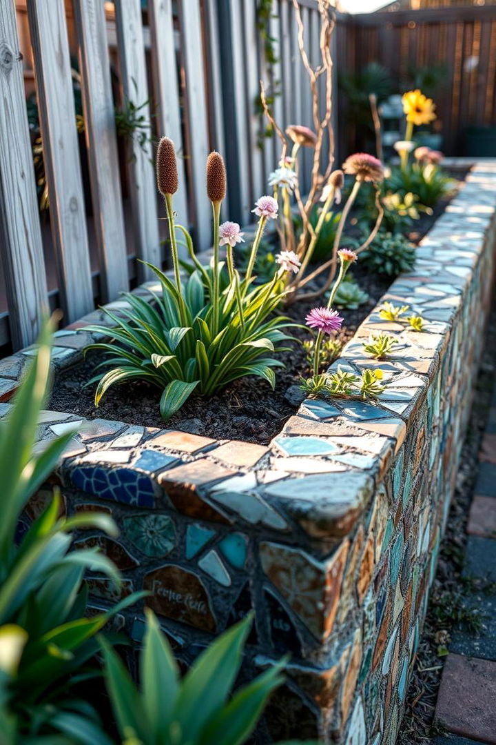 Artistic Raised Garden Bed with Mosaic Touches - 22 Raised Garden Bed Along Fence Ideas