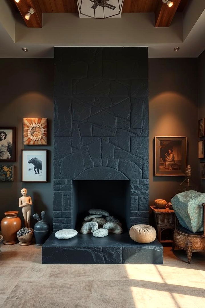 Artistic Stone Fireplace Feature - 22 Black Stone Fireplace Ideas