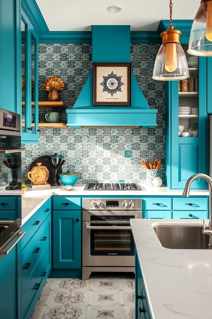 Artistic Teal and White Kitchen with Custom Backsplashes - 22 Teal and White Kitchen Ideas