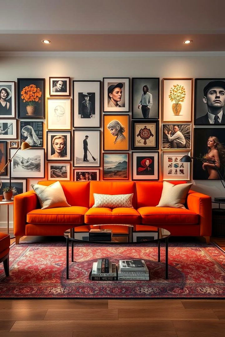 Artistic Wall Displays - 22 Orange Couch Living Room Ideas