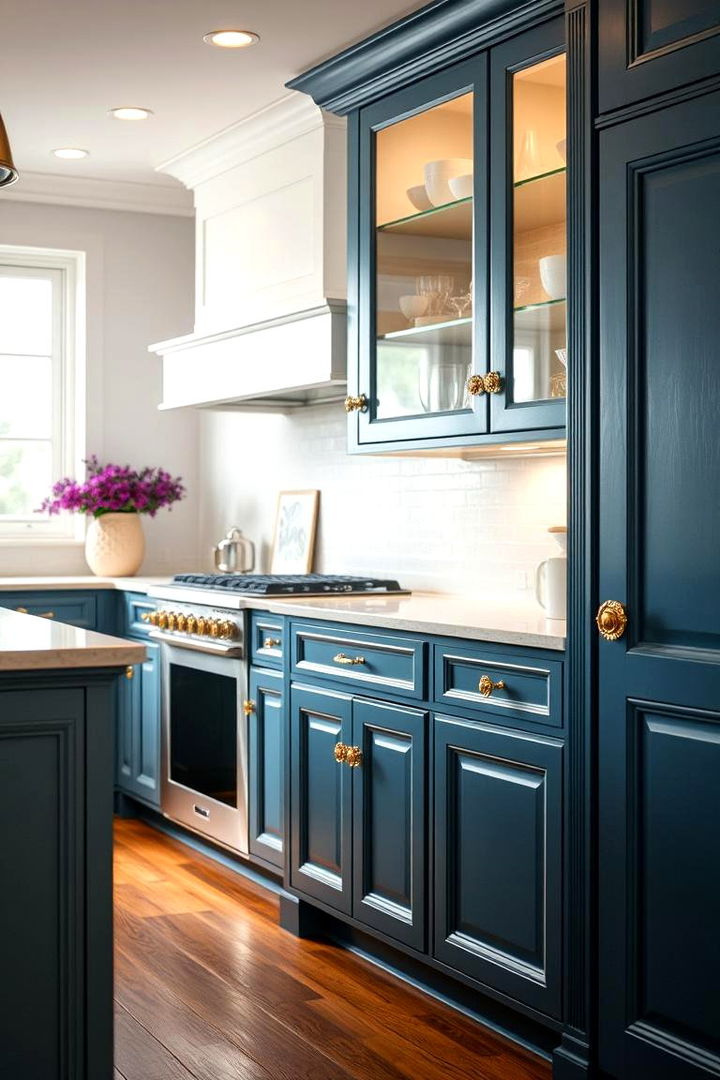 Artistic and Decorative Flair - 22 blue kitchen cabinets with gold hardware