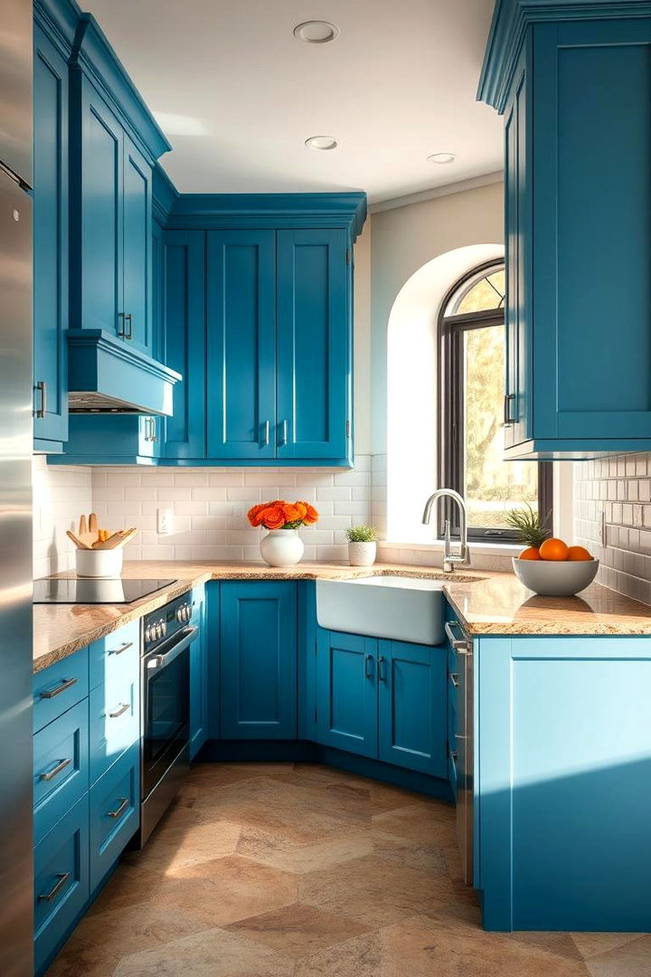 Artsy Flair with Contrasting Elements - 22 blue kitchen cabinets with brown granite countertops
