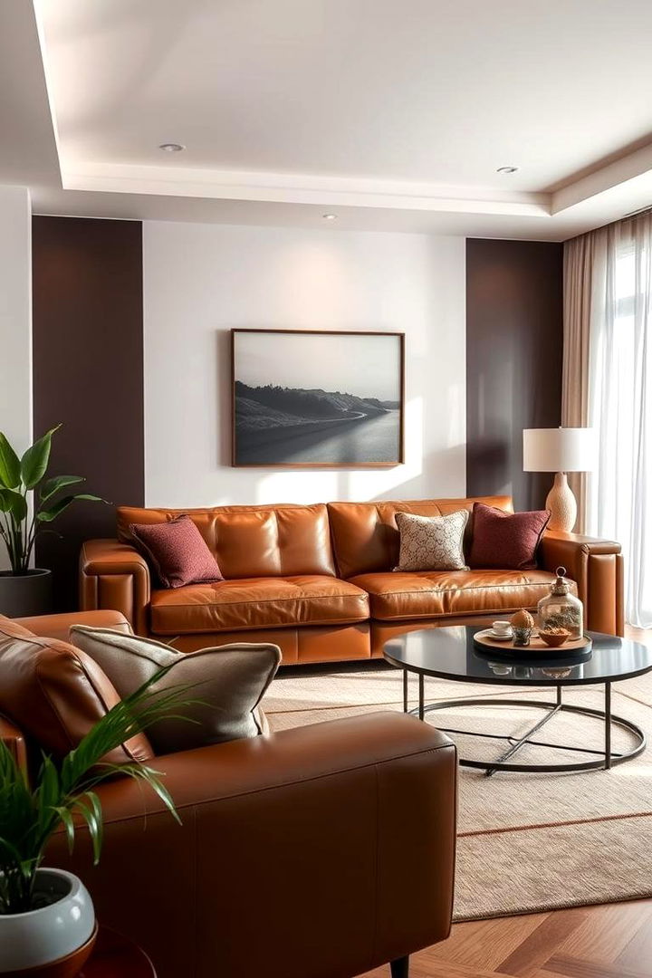 Balanced Contrast - 22 Brown Leather Couch Living Room Ideas