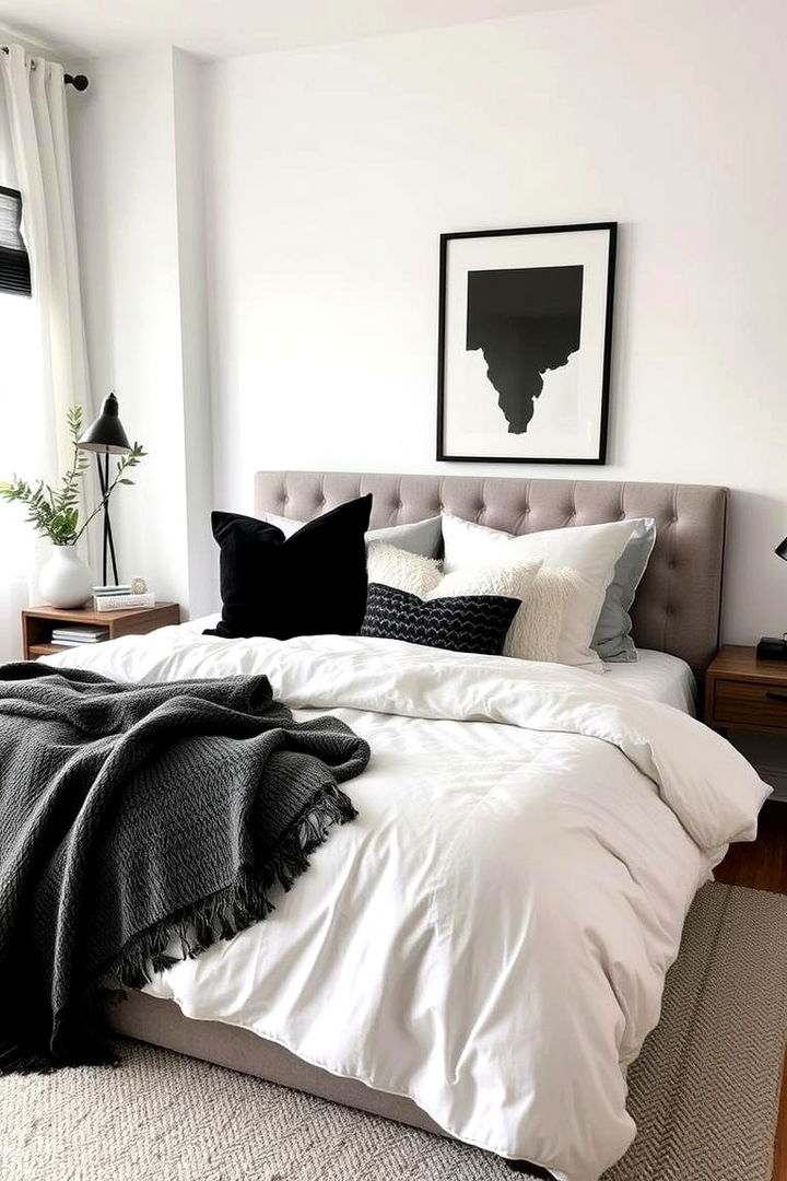 Balanced Decorative Layers - 22 Feminine Black and White Bedroom Ideas