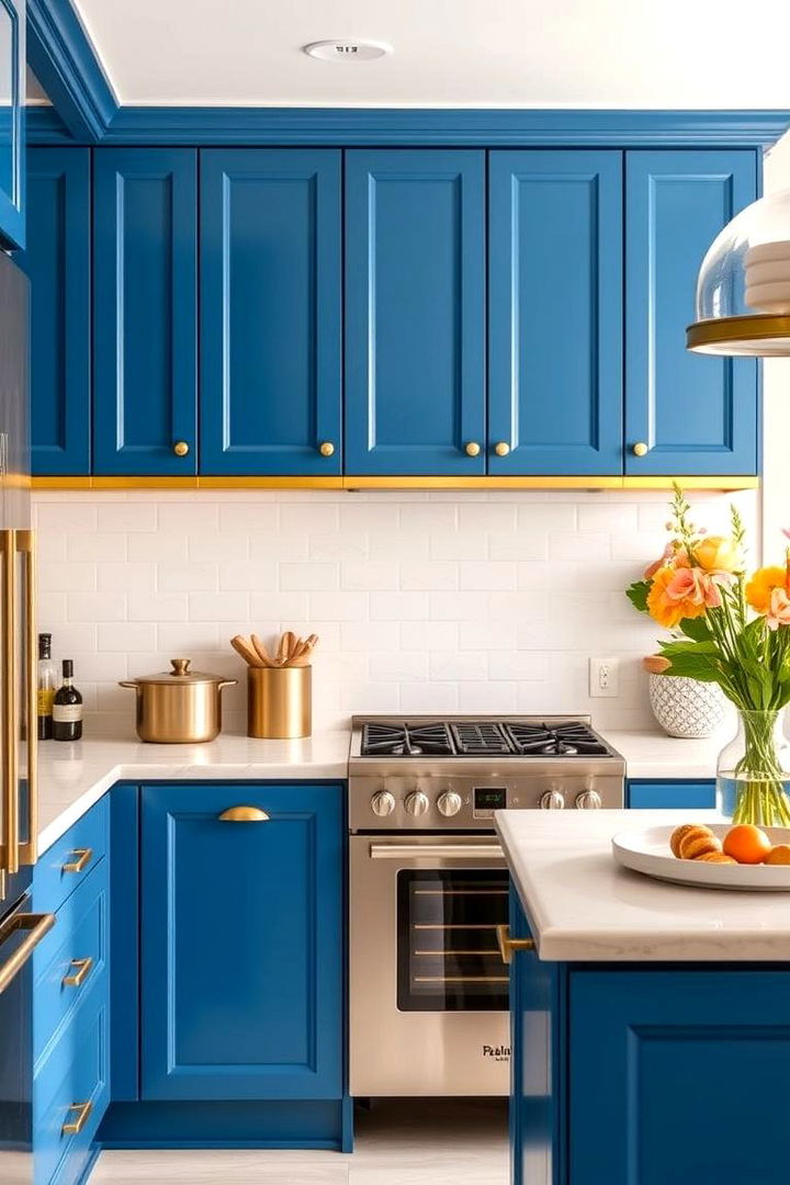 Balancing Color and Hardware - 22 blue kitchen cabinets with gold hardware