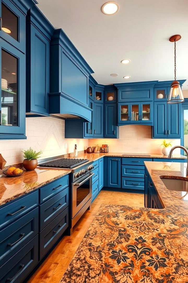 Balancing Modernity with Tradition - 22 blue kitchen cabinets with brown granite countertops