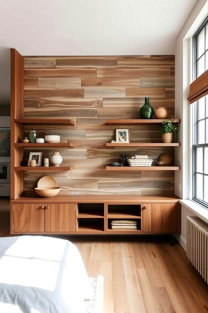 Barnwood Feature Wall Enhanced by Floating Shelves - 22 Barnwood Accent Wall Ideas